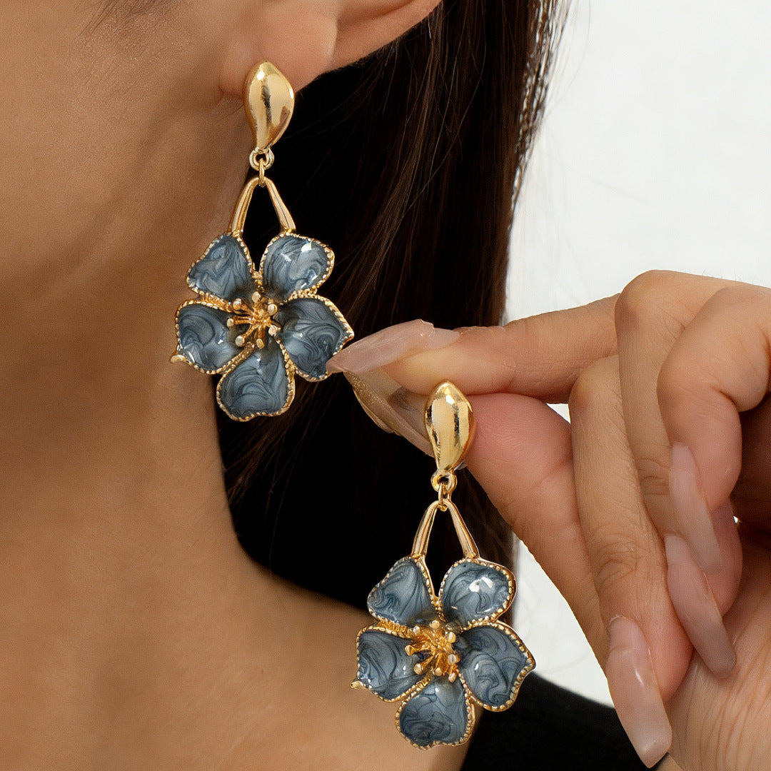 Blue Enamel Flower Drop Earrings for Women, 14K Gold Plated Floral Dangle Earrings, Vintage Style Statement Earrings for Wedding Party