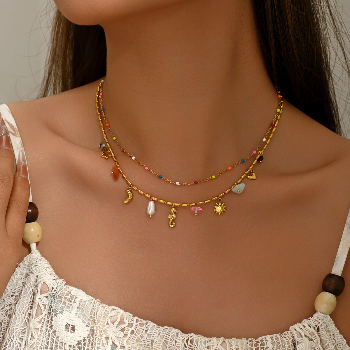 Boho Layered Beaded Necklace Set for Women, 18K Gold Plated Colorful Bead Choker with Sun Moon Seahorse Charms, Hypoallergenic Dainty Beach Jewelry for Summer