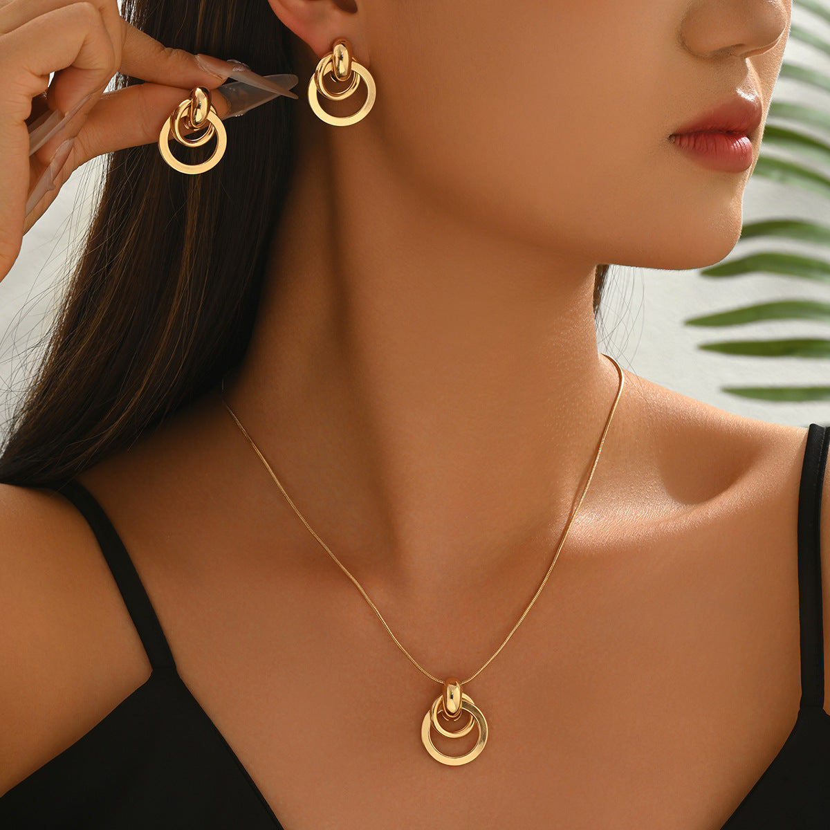 Gold Interlocking Circle Jewelry Set for Women, 14K Gold Plated Double Hoop Drop Earrings and Pendant Necklace, Hypoallergenic Minimalist Statement Jewelry