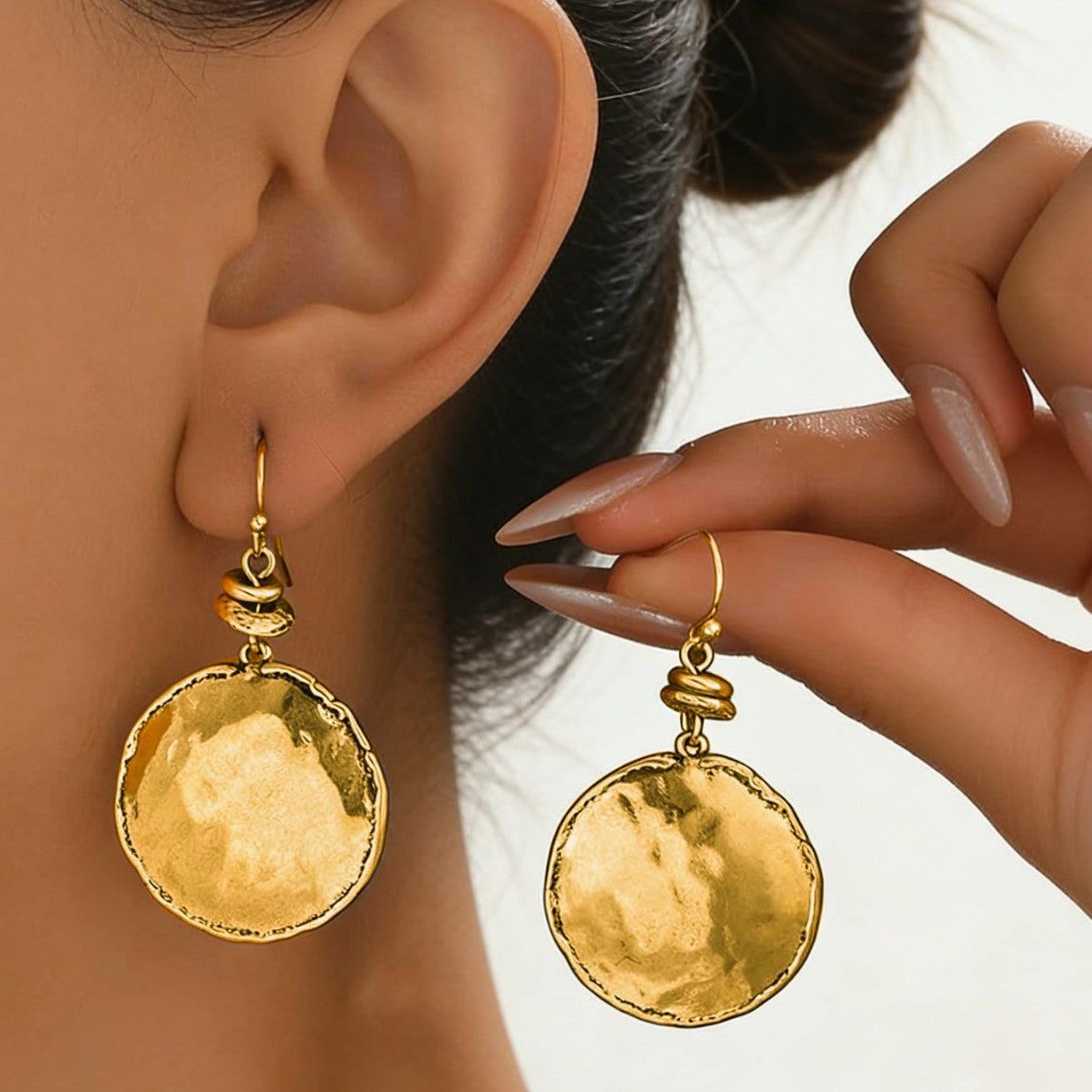 Gold Hammered Coin Drop Earrings for Women, 14K Gold Plated Textured Disc Dangle Earrings, Hypoallergenic Statement Earrings for Everyday Wear