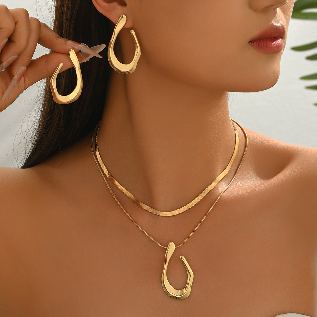 Gold Irregular Hoop Earrings & Layered Herringbone Necklace Jewelry Set, 18K Gold Plated Open Geometric Drop Earrings and Double Layer Snake Chain Pendant Necklace, Hypoallergenic Statement Jewelry for Women