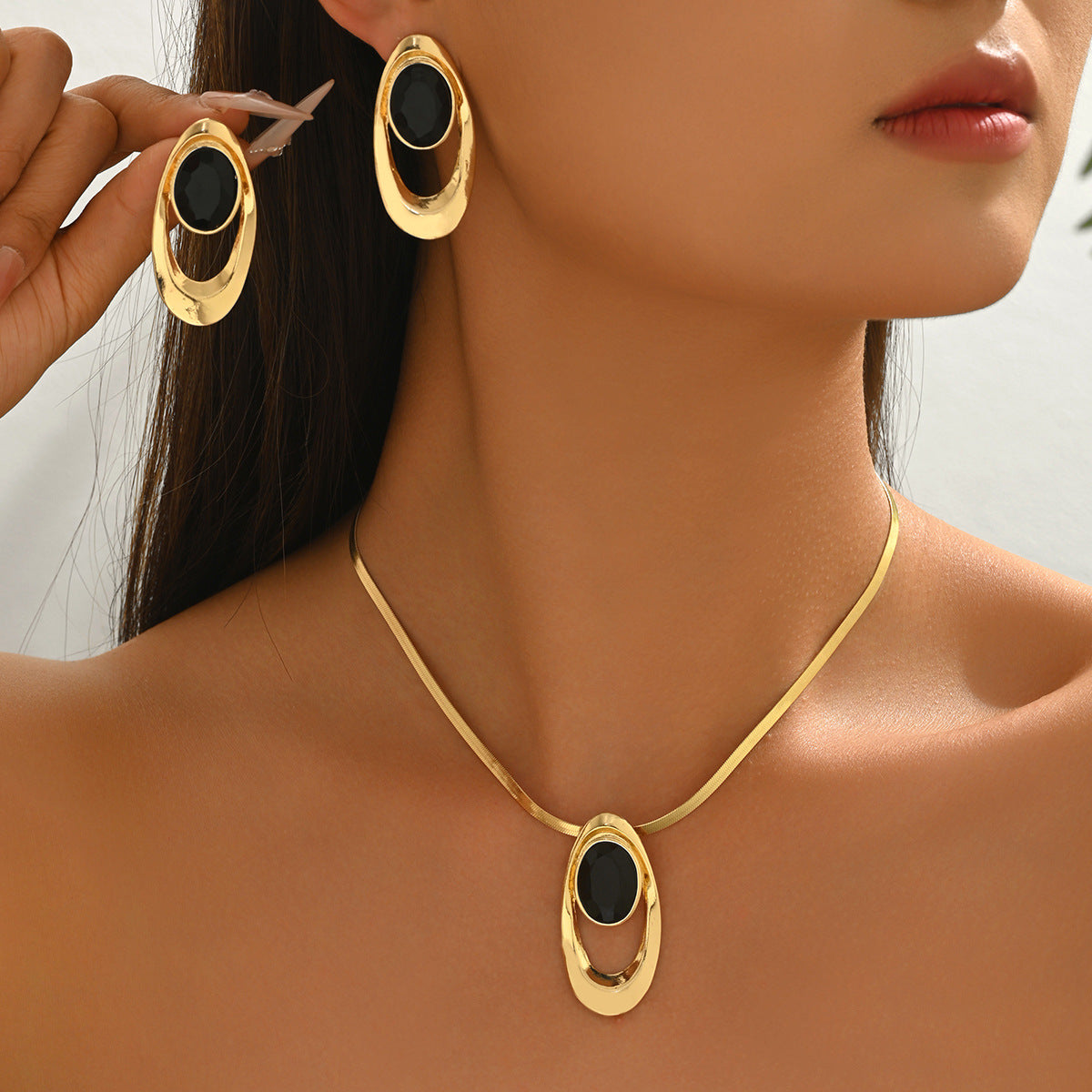 14K Gold Plated Black Onyx Jewelry Set, Herringbone Necklace & Oval Drop Earrings for Women, Minimalist Statement Jewelry for Party, Wedding, Daily Wear