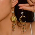 Vintage Sun Moon Drop Earrings, Asymmetric Gold Plated Celestial Tassel Earrings with Crystals, Bohemian Star Dangle Earrings for Women, Gothic Statement Jewelry for Party, Festival, Daily Wear