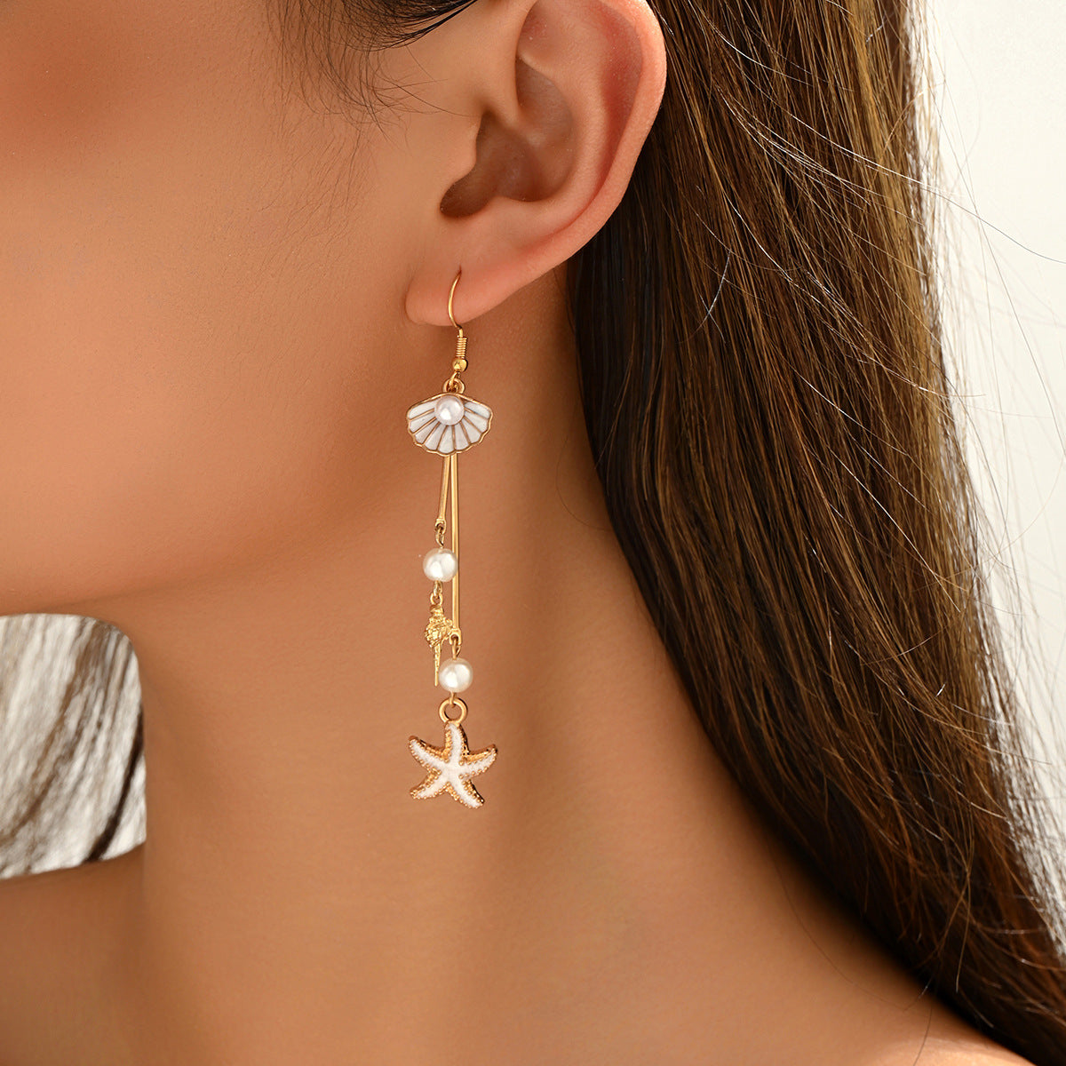 Gold Plated Ocean Themed Drop Earrings, Seashell Starfish Tassel Earrings with Pearls, Bohemian Beach Dangle Earrings for Women, Summer Statement Jewelry for Vacation, Party, Daily Wear