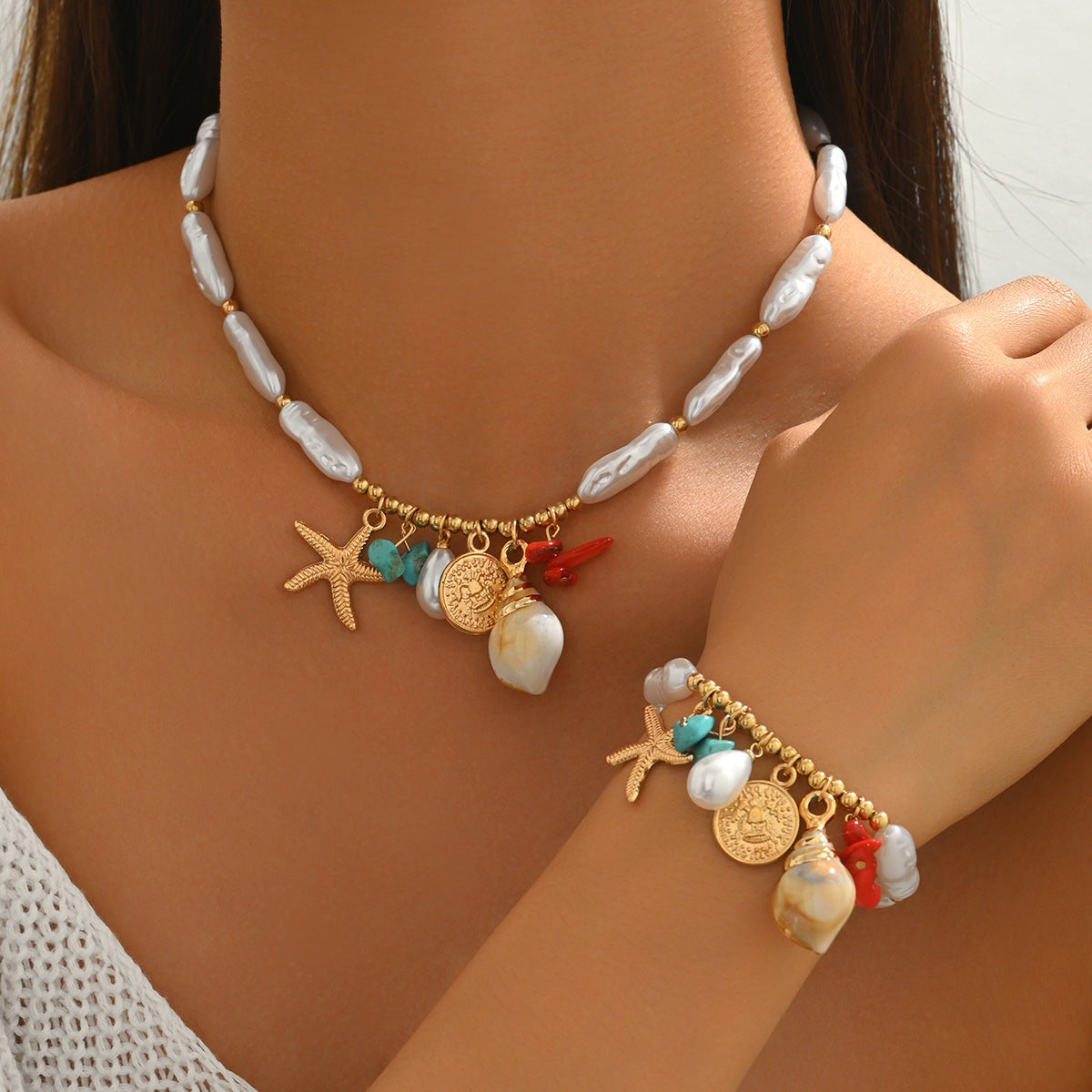 Boho Ocean Theme Pearl Jewelry Set for Women, Gold Plated Baroque Pearl Necklace & Bracelet with Starfish Shell Coral Charms, Hypoallergenic Beach Jewelry for Summer