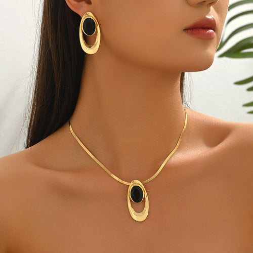 14K Gold Plated Black Onyx Jewelry Set, Herringbone Necklace & Oval Drop Earrings for Women, Minimalist Statement Jewelry for Party, Wedding, Daily Wear