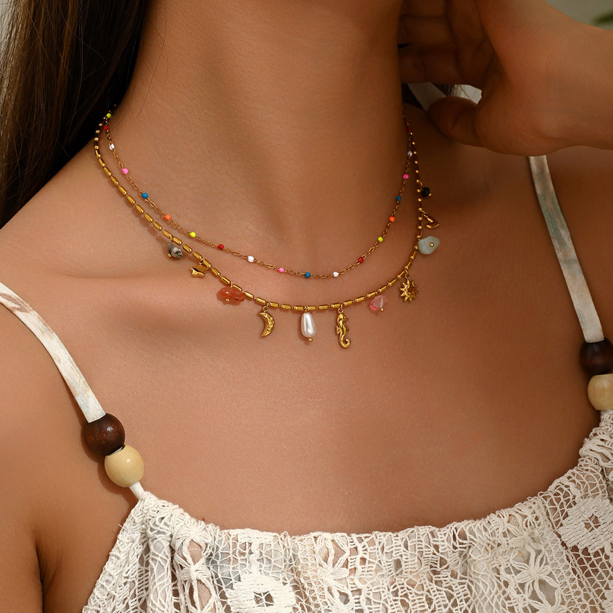 Boho Layered Beaded Necklace Set for Women, 18K Gold Plated Colorful Bead Choker with Sun Moon Seahorse Charms, Hypoallergenic Dainty Beach Jewelry for Summer