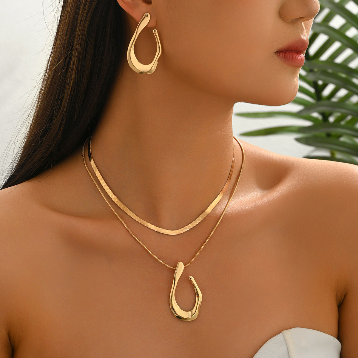 Gold Irregular Hoop Earrings & Layered Herringbone Necklace Jewelry Set, 18K Gold Plated Open Geometric Drop Earrings and Double Layer Snake Chain Pendant Necklace, Hypoallergenic Statement Jewelry for Women