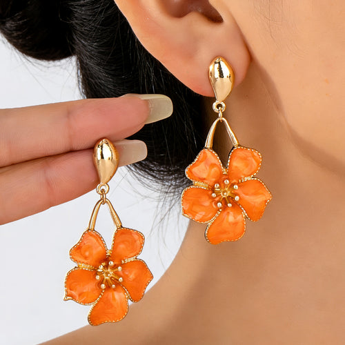 Blue Enamel Flower Drop Earrings for Women, 14K Gold Plated Floral Dangle Earrings, Vintage Style Statement Earrings for Wedding Party