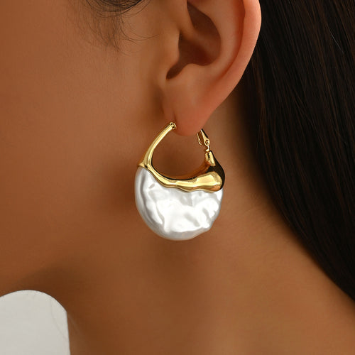 14K Gold Plated White Textured Hoop Earrings for Women, Hypoallergenic Chunky Drop Earrings, Modern Statement Jewelry for Party, Wedding, Daily Wear