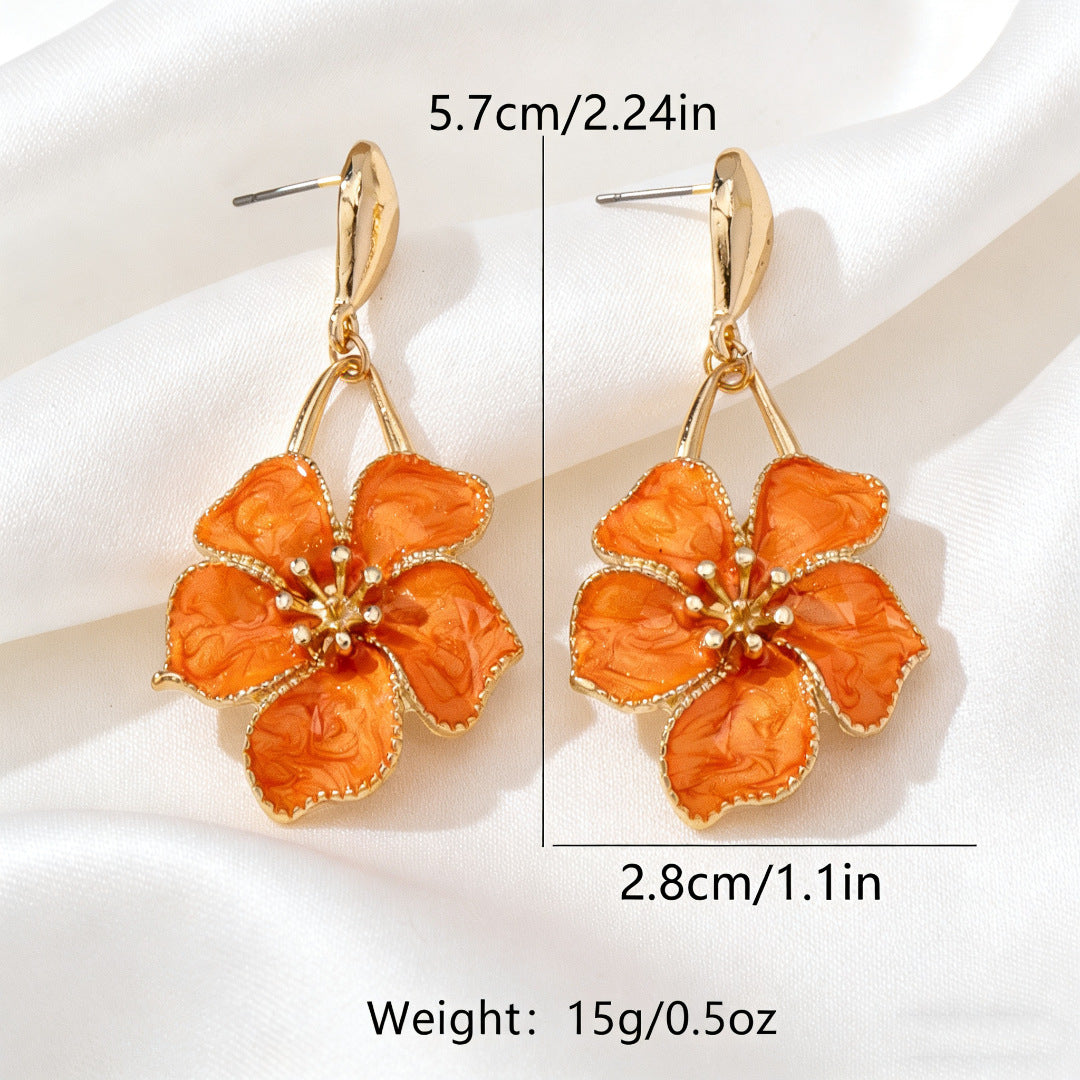 Blue Enamel Flower Drop Earrings for Women, 14K Gold Plated Floral Dangle Earrings, Vintage Style Statement Earrings for Wedding Party