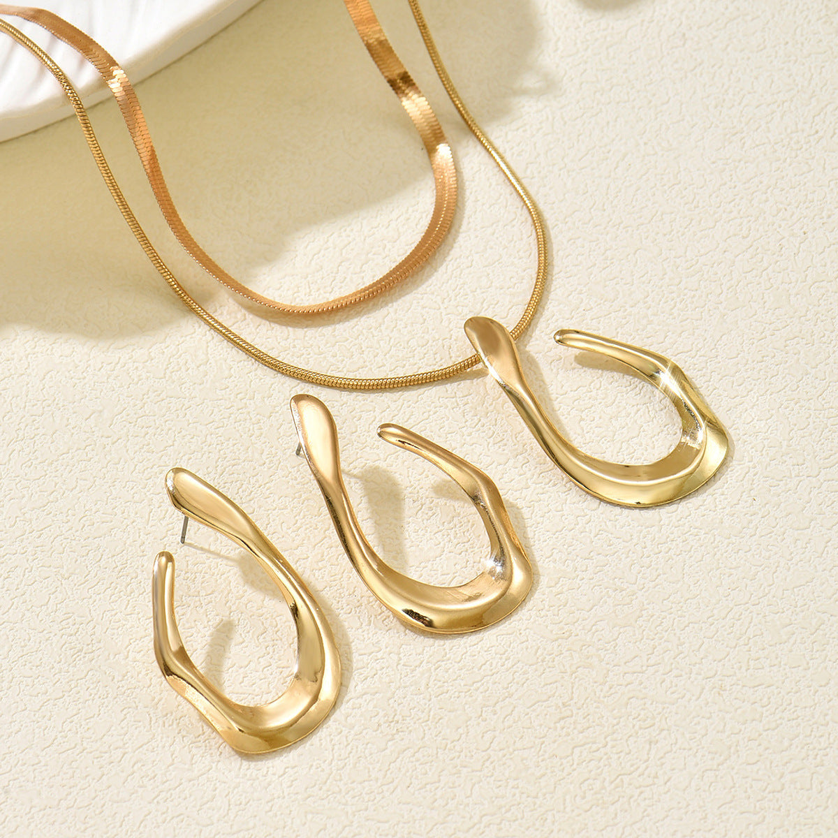 Gold Irregular Hoop Earrings & Layered Herringbone Necklace Jewelry Set, 18K Gold Plated Open Geometric Drop Earrings and Double Layer Snake Chain Pendant Necklace, Hypoallergenic Statement Jewelry for Women