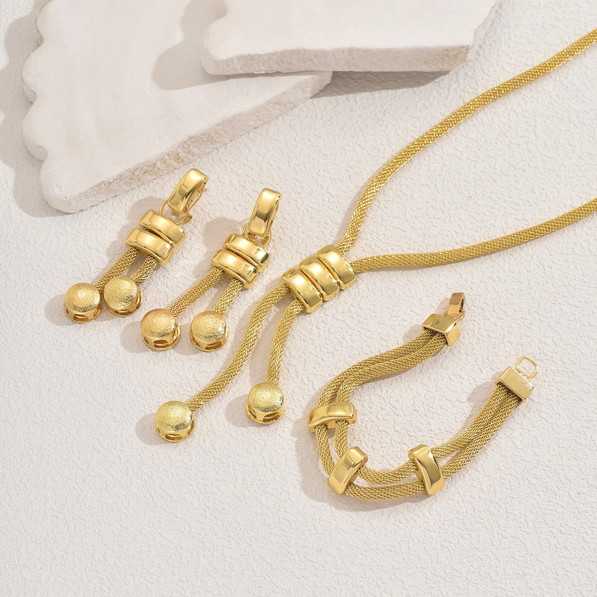 Gold Plated Mesh Chain Jewelry Set, Adjustable Bolo Tie Necklace, Drop Earrings & Bracelet for Women, Minimalist 14K Gold Filled Jewelry Set for Party, Wedding, Daily Wear