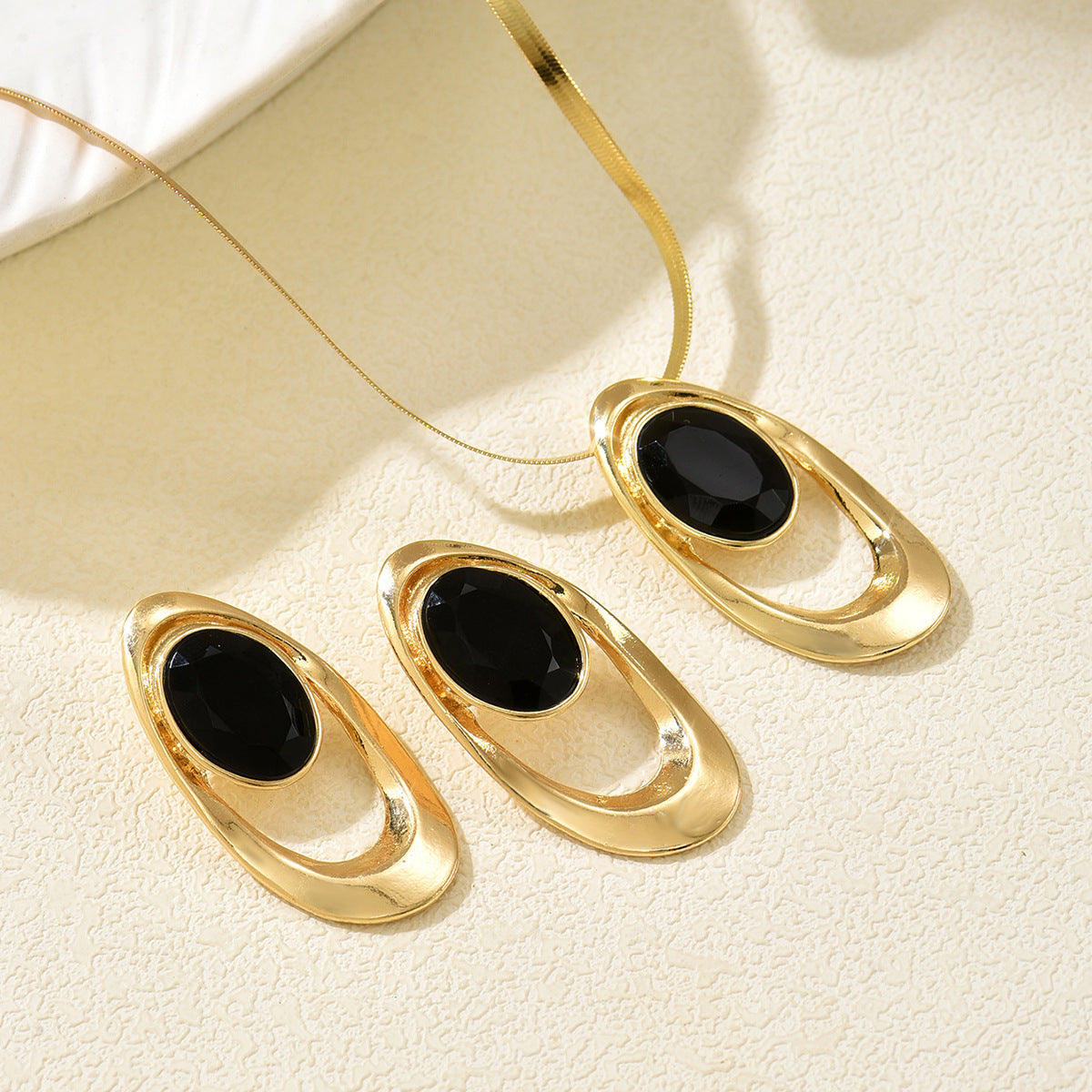 14K Gold Plated Black Onyx Jewelry Set, Herringbone Necklace & Oval Drop Earrings for Women, Minimalist Statement Jewelry for Party, Wedding, Daily Wear