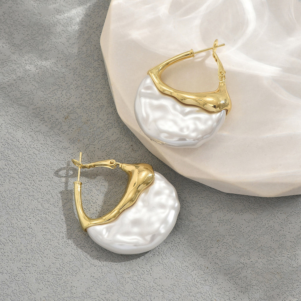 14K Gold Plated White Textured Hoop Earrings for Women, Hypoallergenic Chunky Drop Earrings, Modern Statement Jewelry for Party, Wedding, Daily Wear