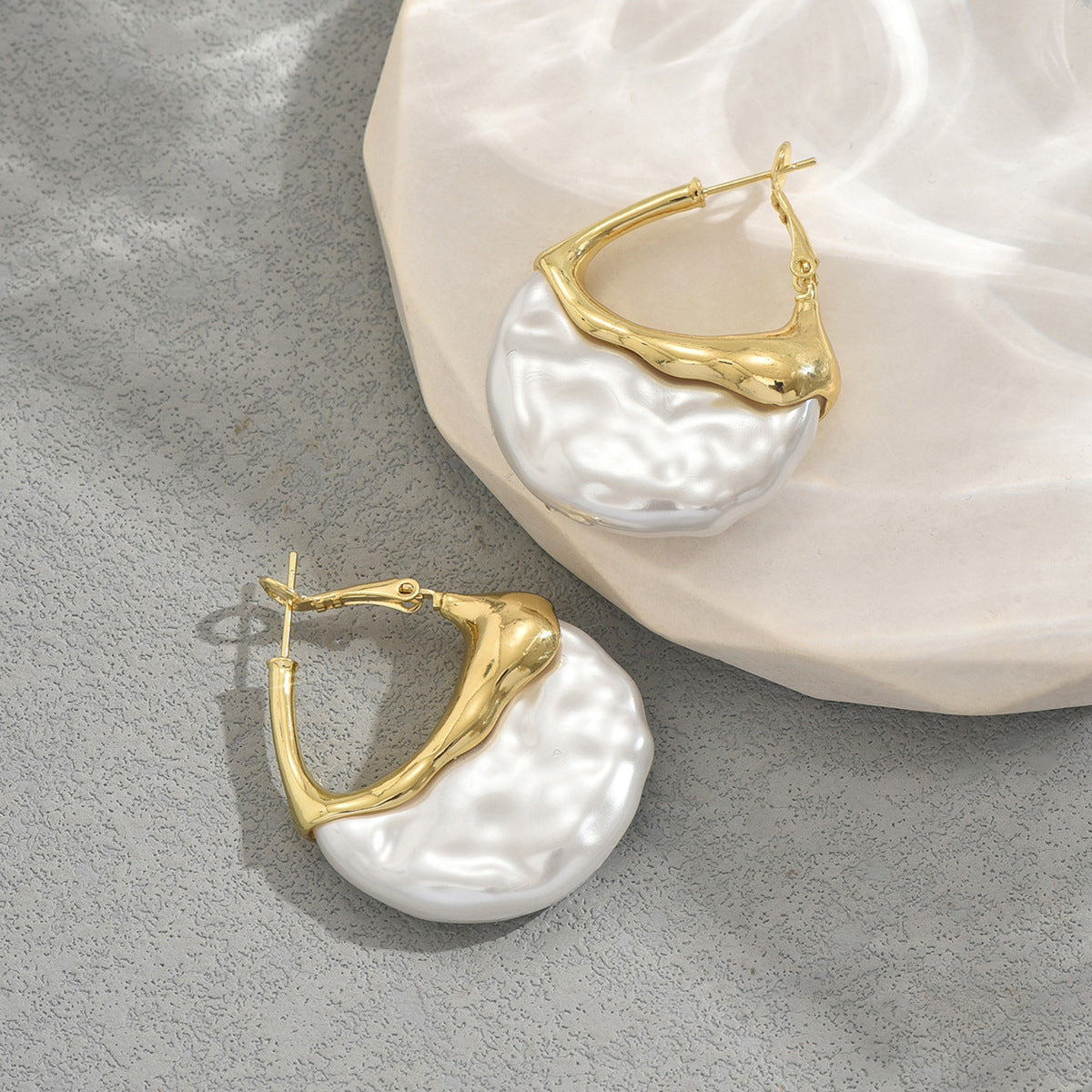 14K Gold Plated White Textured Hoop Earrings for Women, Hypoallergenic Chunky Drop Earrings, Modern Statement Jewelry for Party, Wedding, Daily Wear