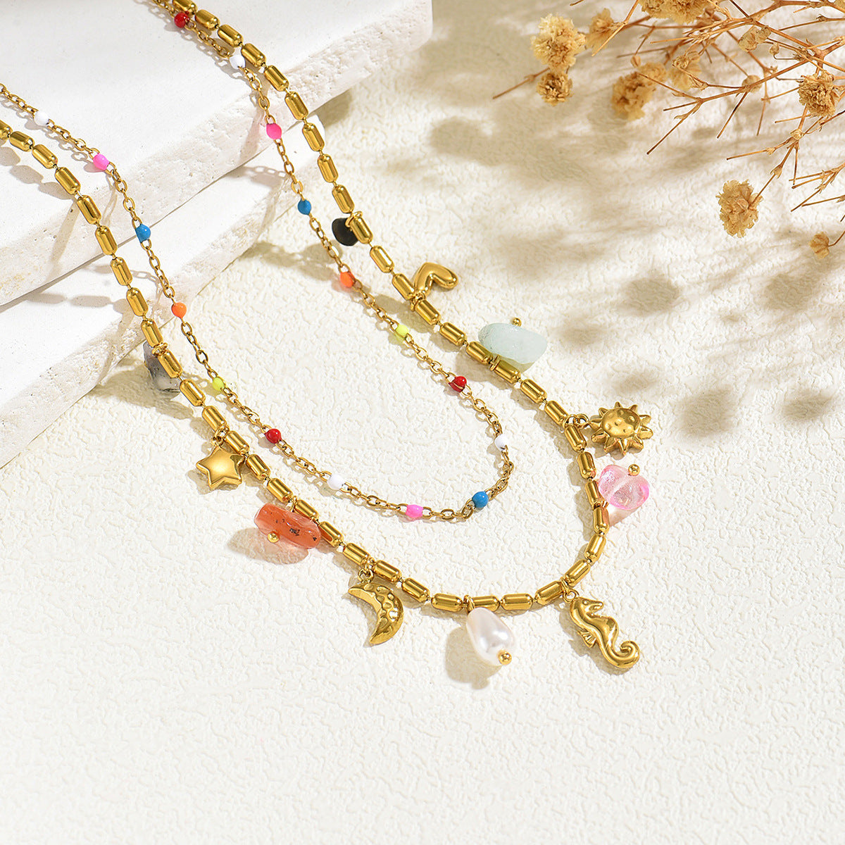 Boho Layered Beaded Necklace Set for Women, 18K Gold Plated Colorful Bead Choker with Sun Moon Seahorse Charms, Hypoallergenic Dainty Beach Jewelry for Summer