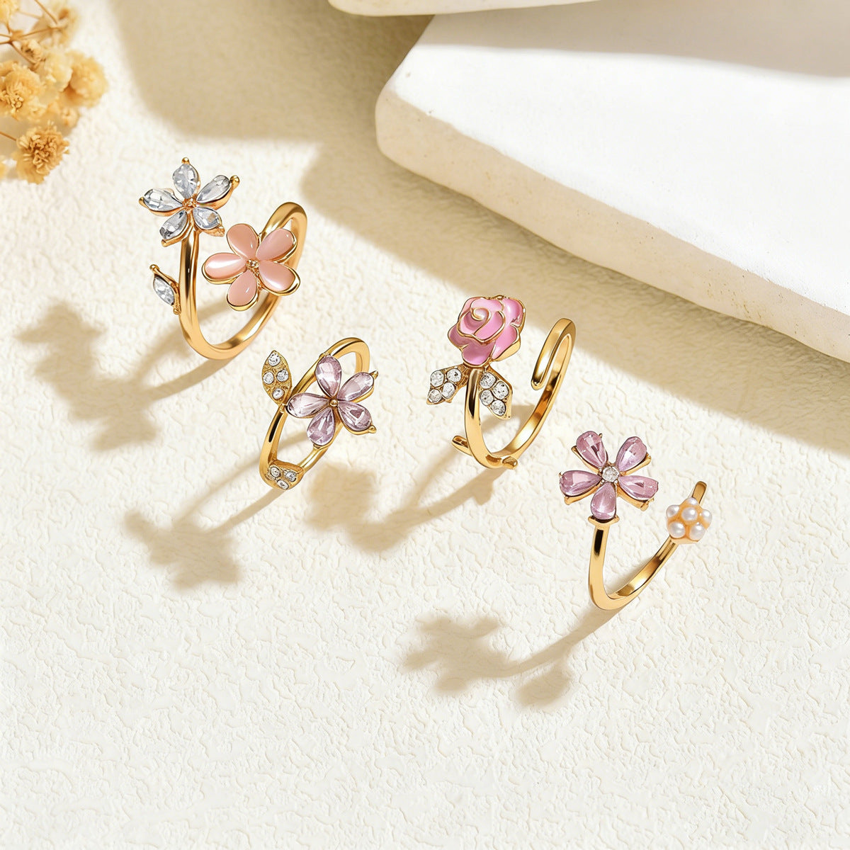 Gold Plated Flower Open Ring Set for Women, 4Pcs Stackable Pink Floral Rings with Crystal & Pearl, Hypoallergenic Adjustable Statement Rings for Daily/Party