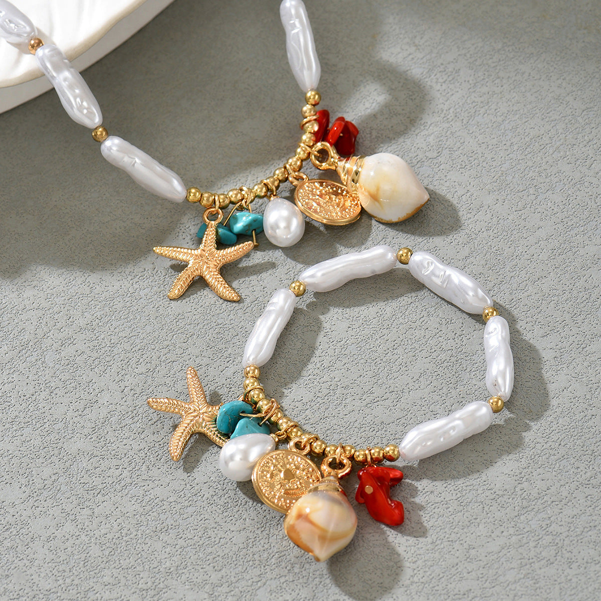Boho Ocean Theme Pearl Jewelry Set for Women, Gold Plated Baroque Pearl Necklace & Bracelet with Starfish Shell Coral Charms, Hypoallergenic Beach Jewelry for Summer
