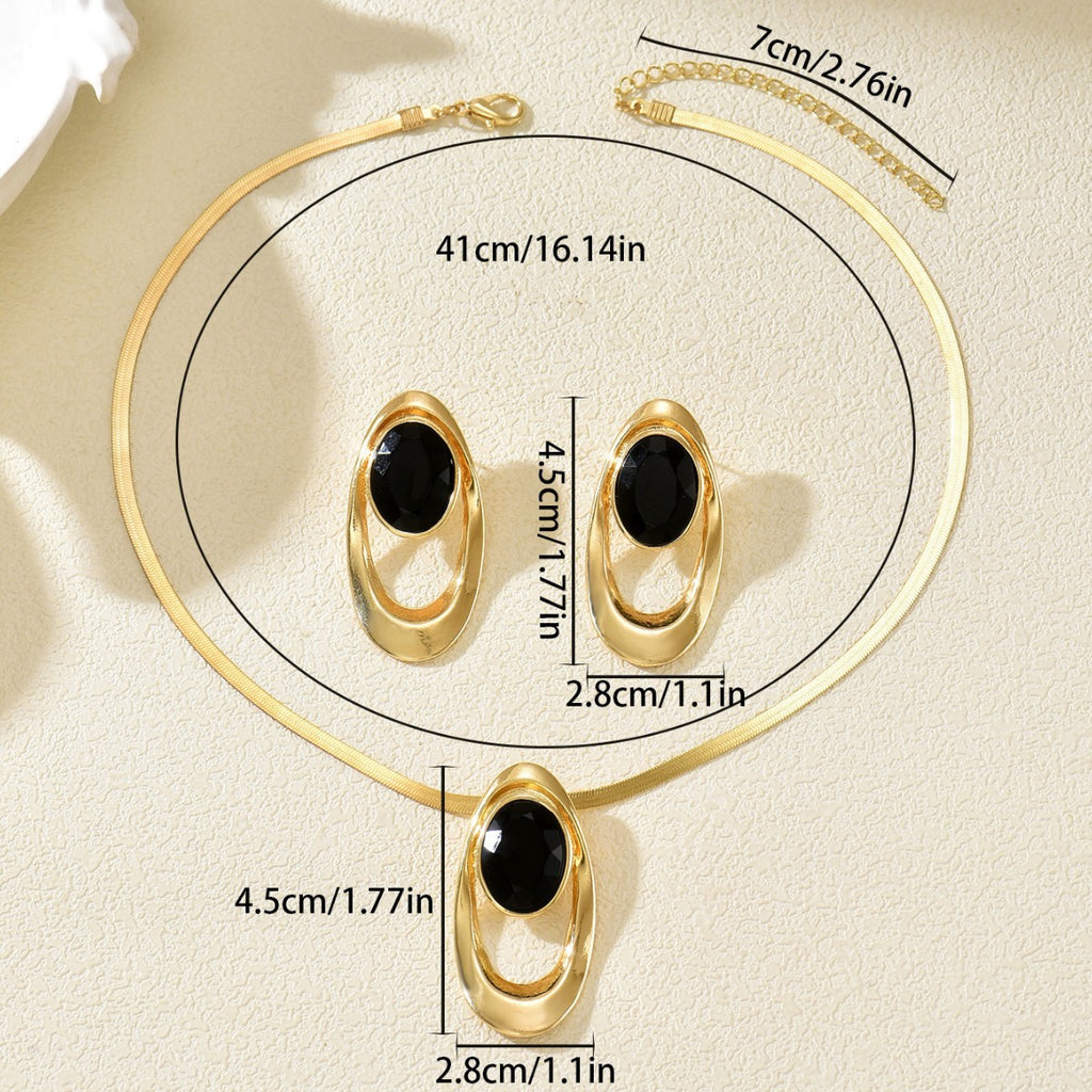 14K Gold Plated Black Onyx Jewelry Set, Herringbone Necklace & Oval Drop Earrings for Women, Minimalist Statement Jewelry for Party, Wedding, Daily Wear