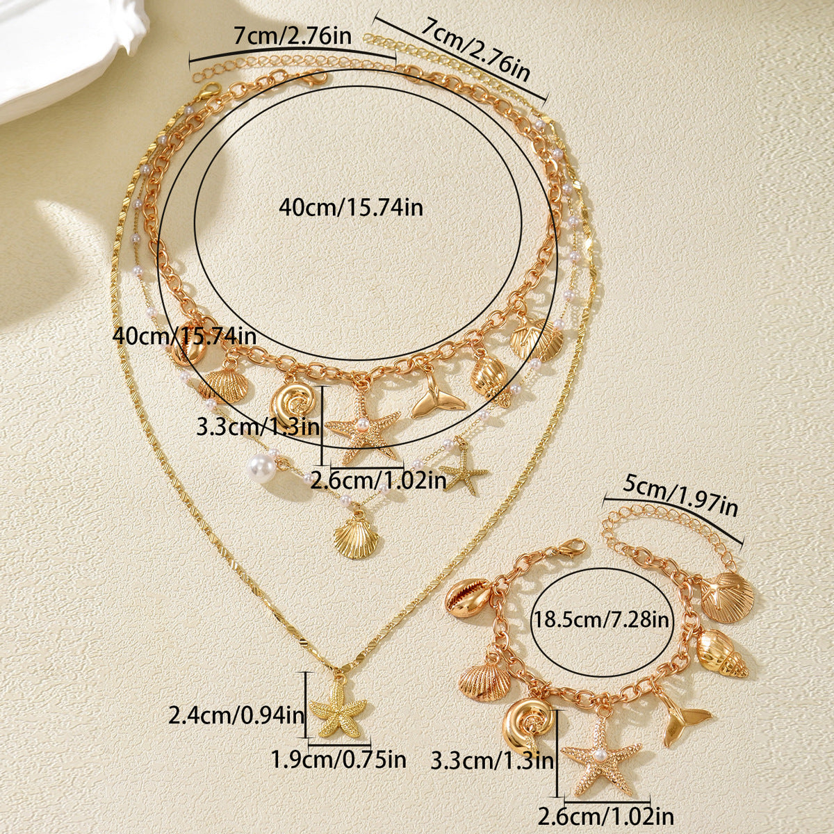 Gold Ocean Theme Layered Jewelry Set for Women, Multi-Layer Pearl Starfish Shell Charm Necklace and Bracelet, 14K Gold Plated Boho Beach Statement Jewelry