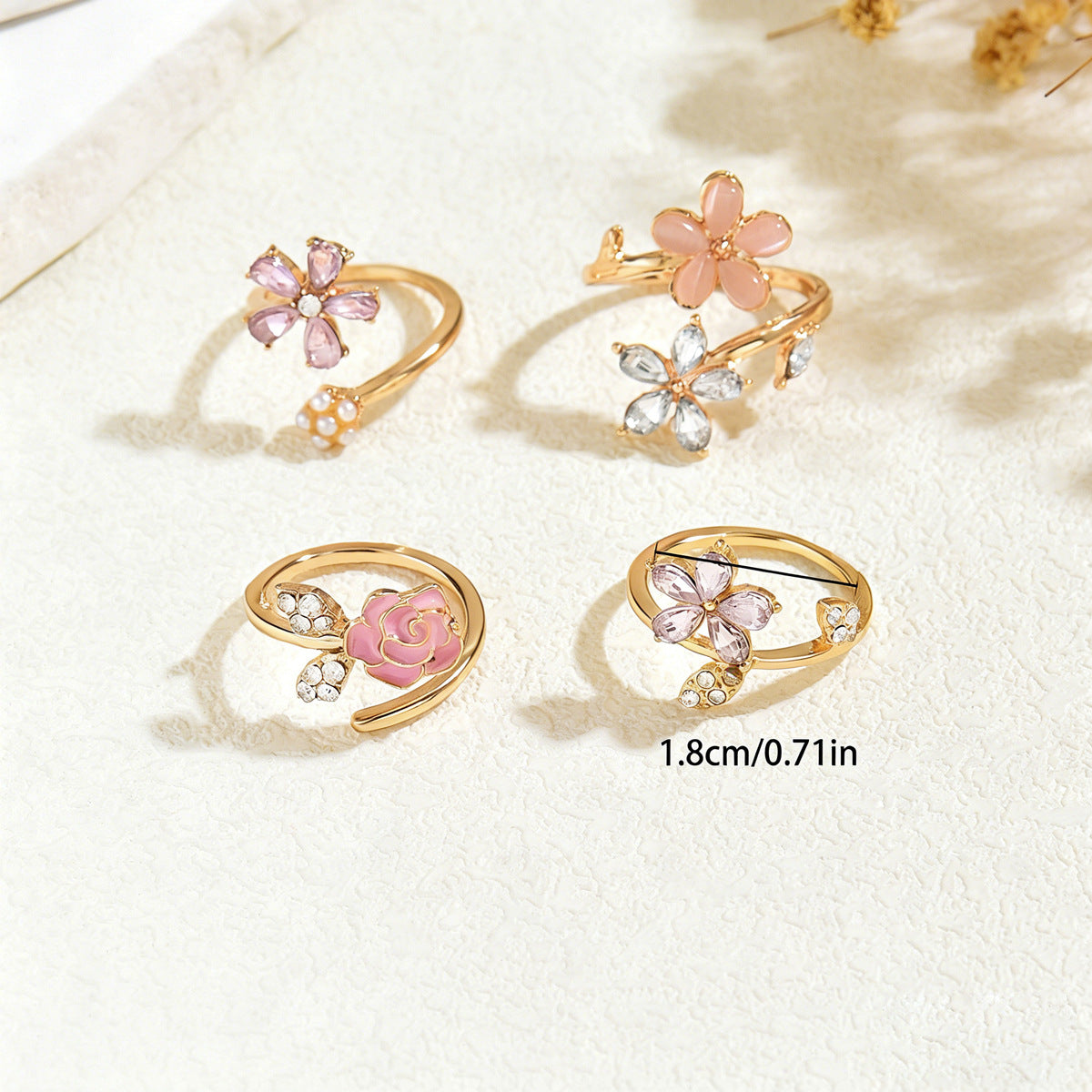 Gold Plated Flower Open Ring Set for Women, 4Pcs Stackable Pink Floral Rings with Crystal & Pearl, Hypoallergenic Adjustable Statement Rings for Daily/Party