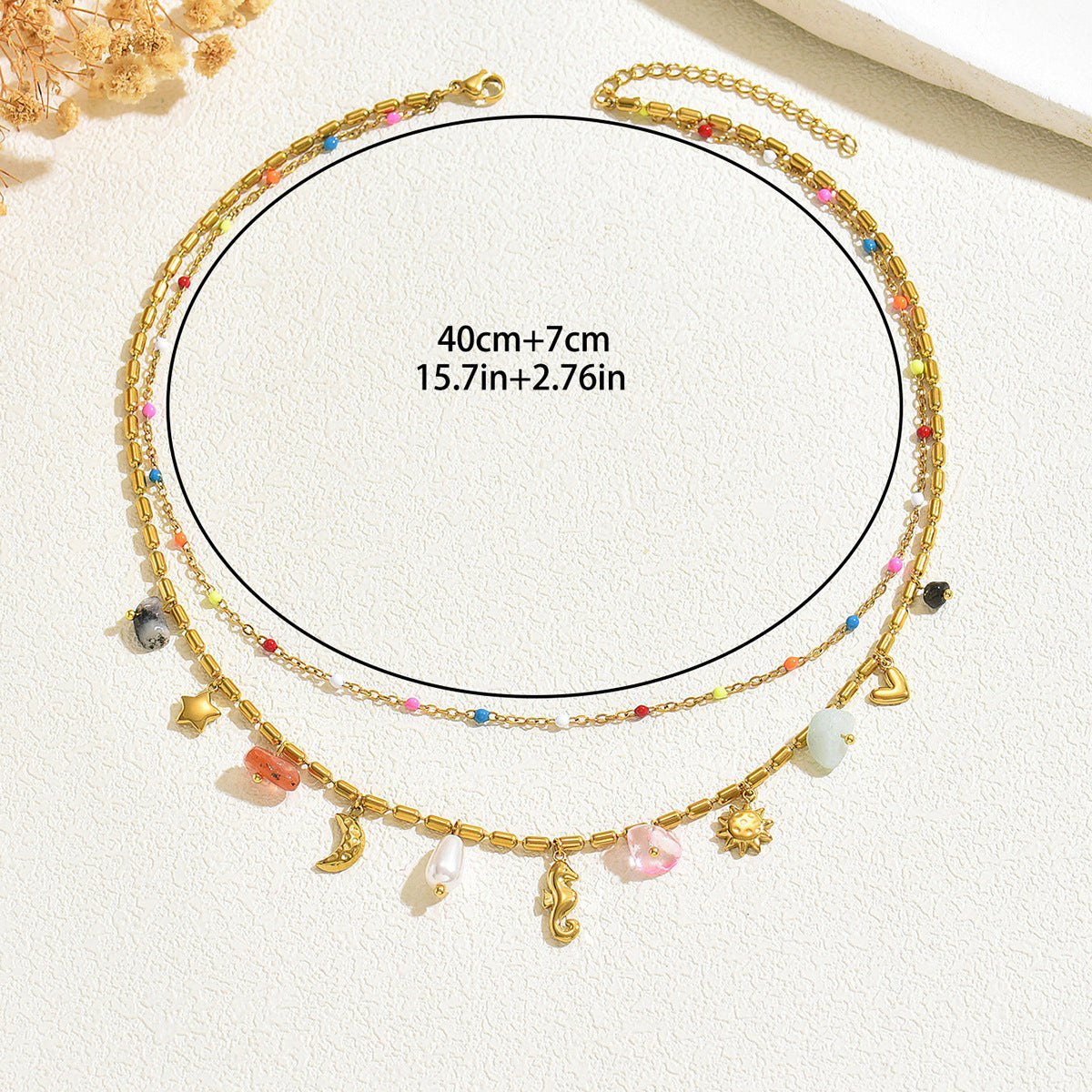 Boho Layered Beaded Necklace Set for Women, 18K Gold Plated Colorful Bead Choker with Sun Moon Seahorse Charms, Hypoallergenic Dainty Beach Jewelry for Summer