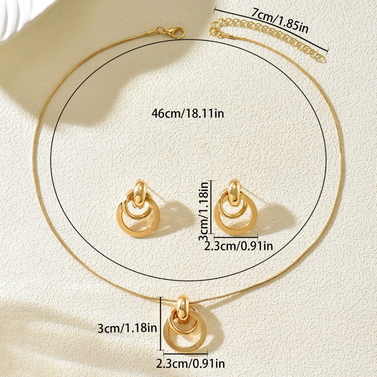 Gold Interlocking Circle Jewelry Set for Women, 14K Gold Plated Double Hoop Drop Earrings and Pendant Necklace, Hypoallergenic Minimalist Statement Jewelry