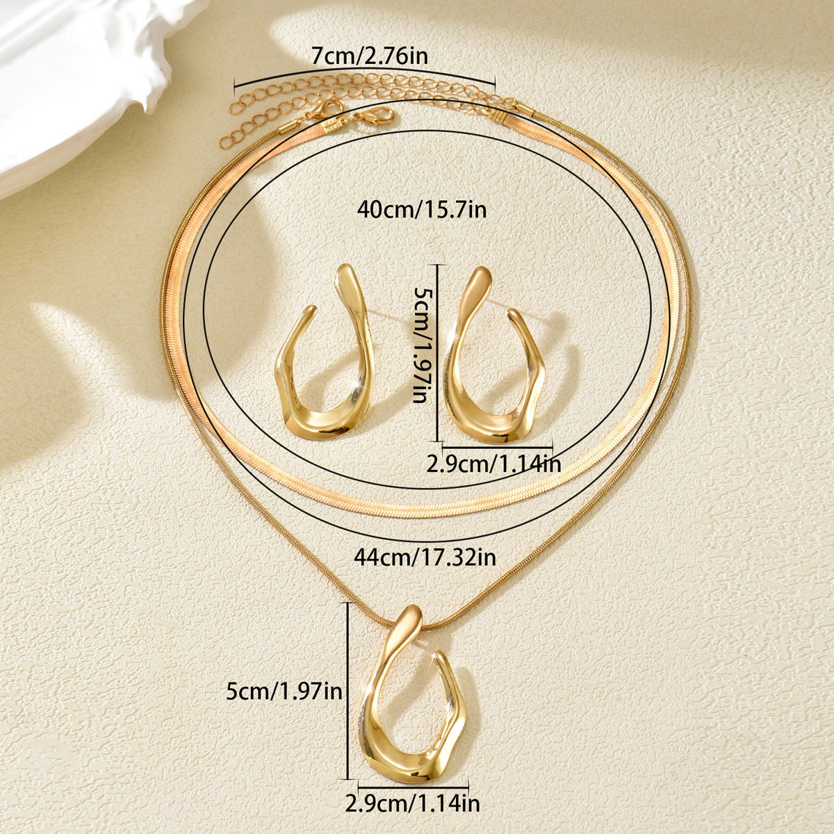 Gold Irregular Hoop Earrings & Layered Herringbone Necklace Jewelry Set, 18K Gold Plated Open Geometric Drop Earrings and Double Layer Snake Chain Pendant Necklace, Hypoallergenic Statement Jewelry for Women