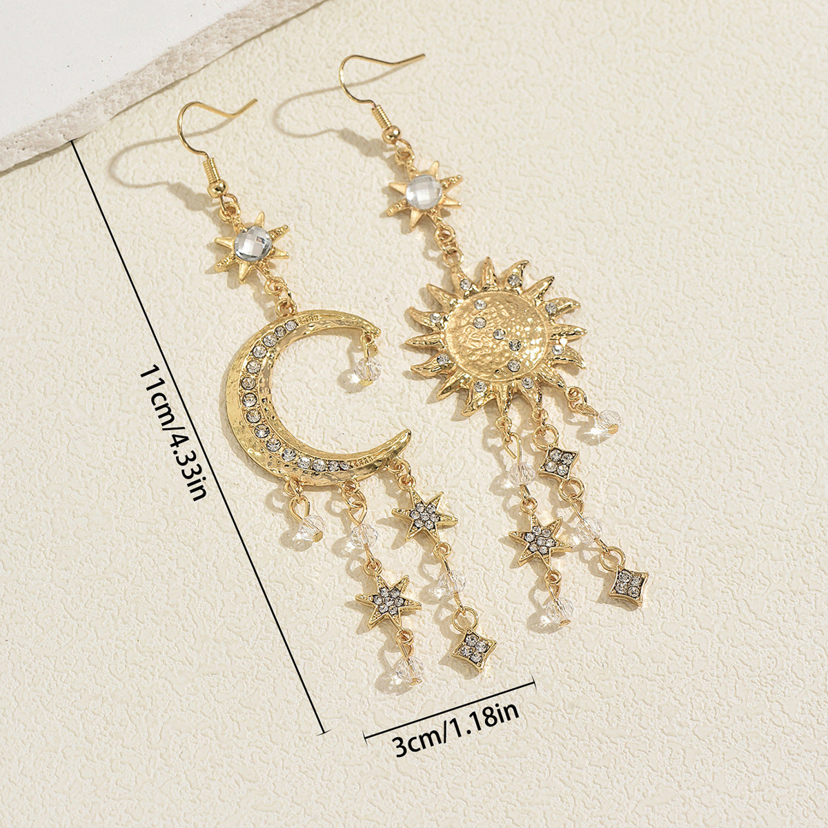 Vintage Sun Moon Drop Earrings, Asymmetric Gold Plated Celestial Tassel Earrings with Crystals, Bohemian Star Dangle Earrings for Women, Gothic Statement Jewelry for Party, Festival, Daily Wear