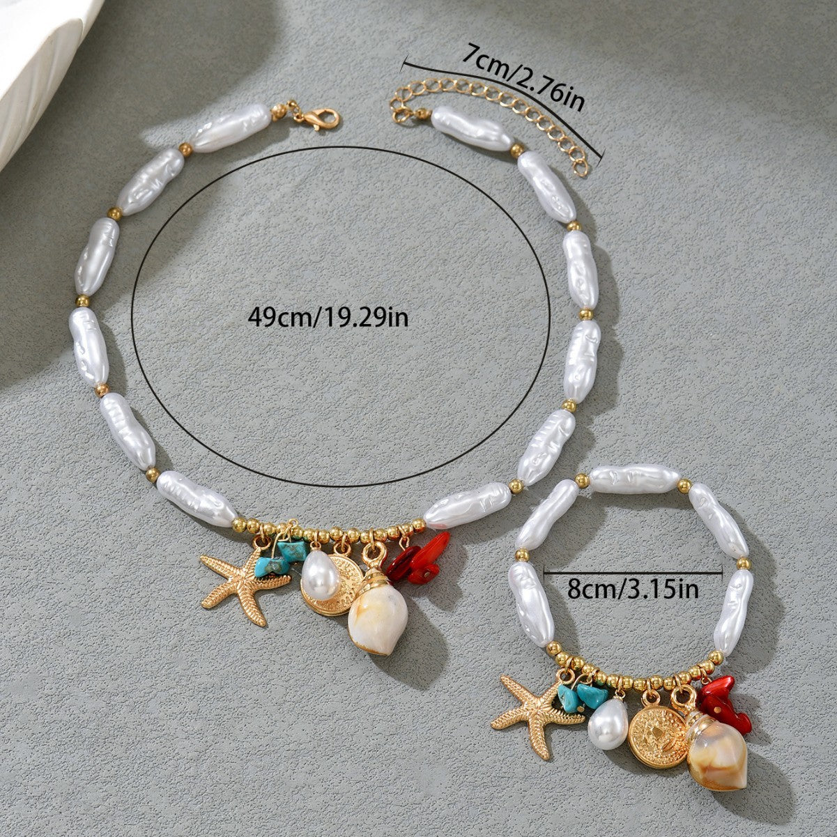Boho Ocean Theme Pearl Jewelry Set for Women, Gold Plated Baroque Pearl Necklace & Bracelet with Starfish Shell Coral Charms, Hypoallergenic Beach Jewelry for Summer