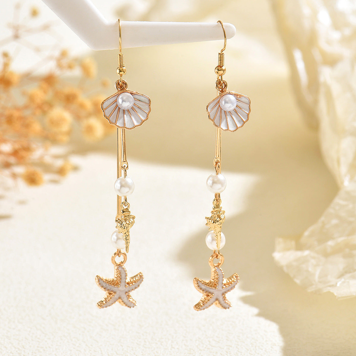 Gold Plated Ocean Themed Drop Earrings, Seashell Starfish Tassel Earrings with Pearls, Bohemian Beach Dangle Earrings for Women, Summer Statement Jewelry for Vacation, Party, Daily Wear