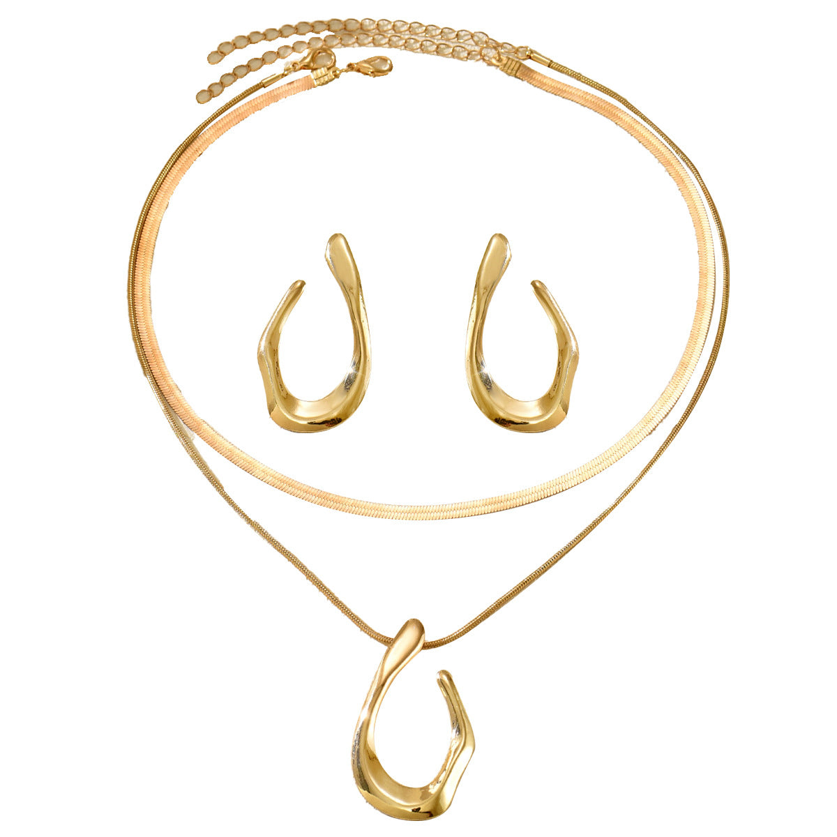 Gold Irregular Hoop Earrings & Layered Herringbone Necklace Jewelry Set, 18K Gold Plated Open Geometric Drop Earrings and Double Layer Snake Chain Pendant Necklace, Hypoallergenic Statement Jewelry for Women