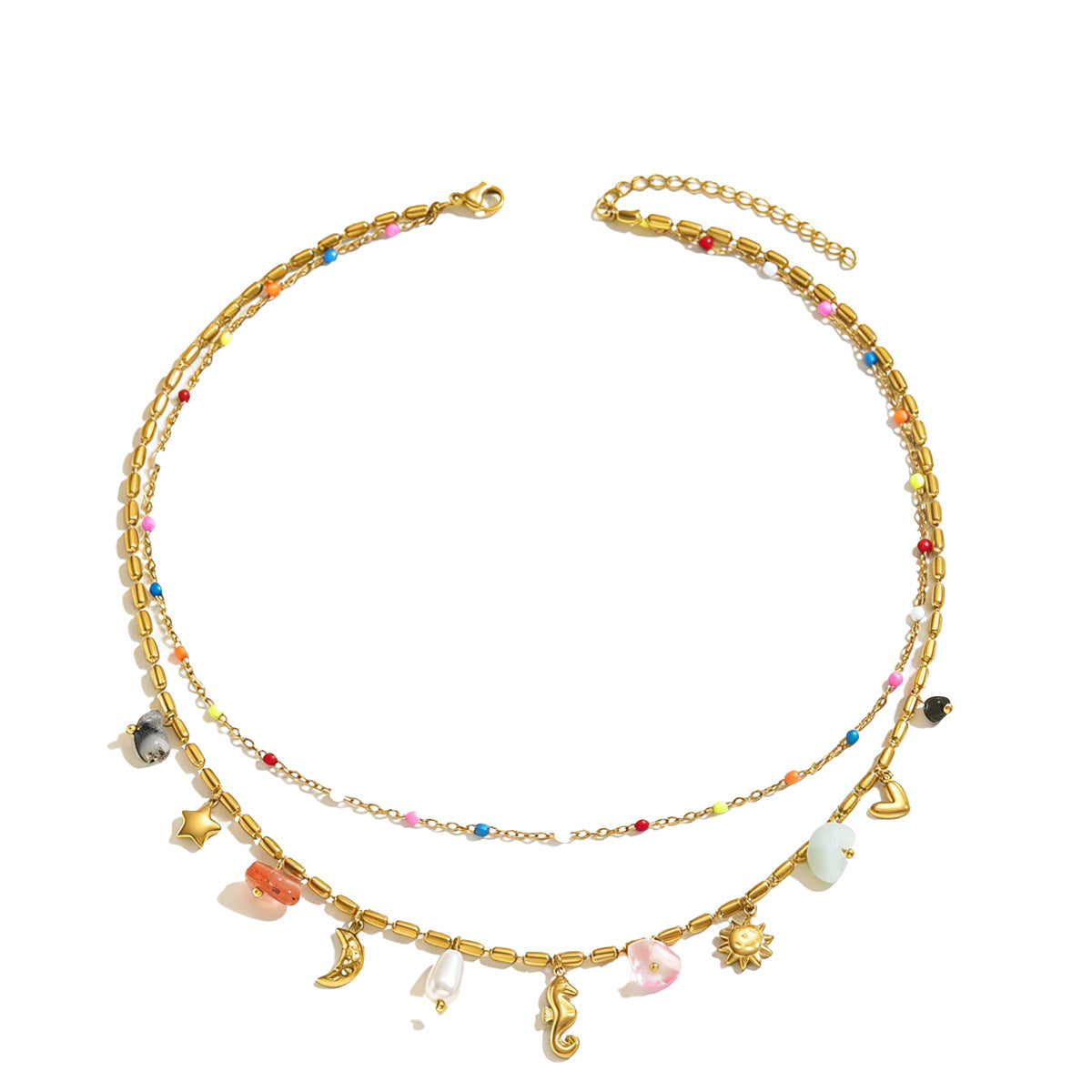 Boho Layered Beaded Necklace Set for Women, 18K Gold Plated Colorful Bead Choker with Sun Moon Seahorse Charms, Hypoallergenic Dainty Beach Jewelry for Summer