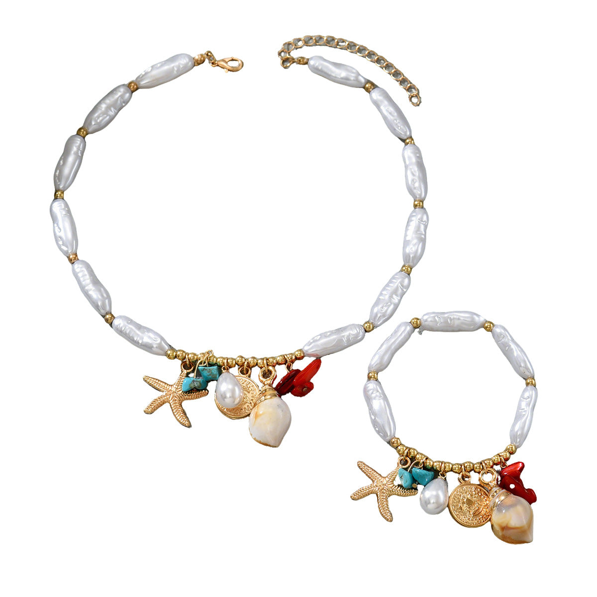 Boho Ocean Theme Pearl Jewelry Set for Women, Gold Plated Baroque Pearl Necklace & Bracelet with Starfish Shell Coral Charms, Hypoallergenic Beach Jewelry for Summer