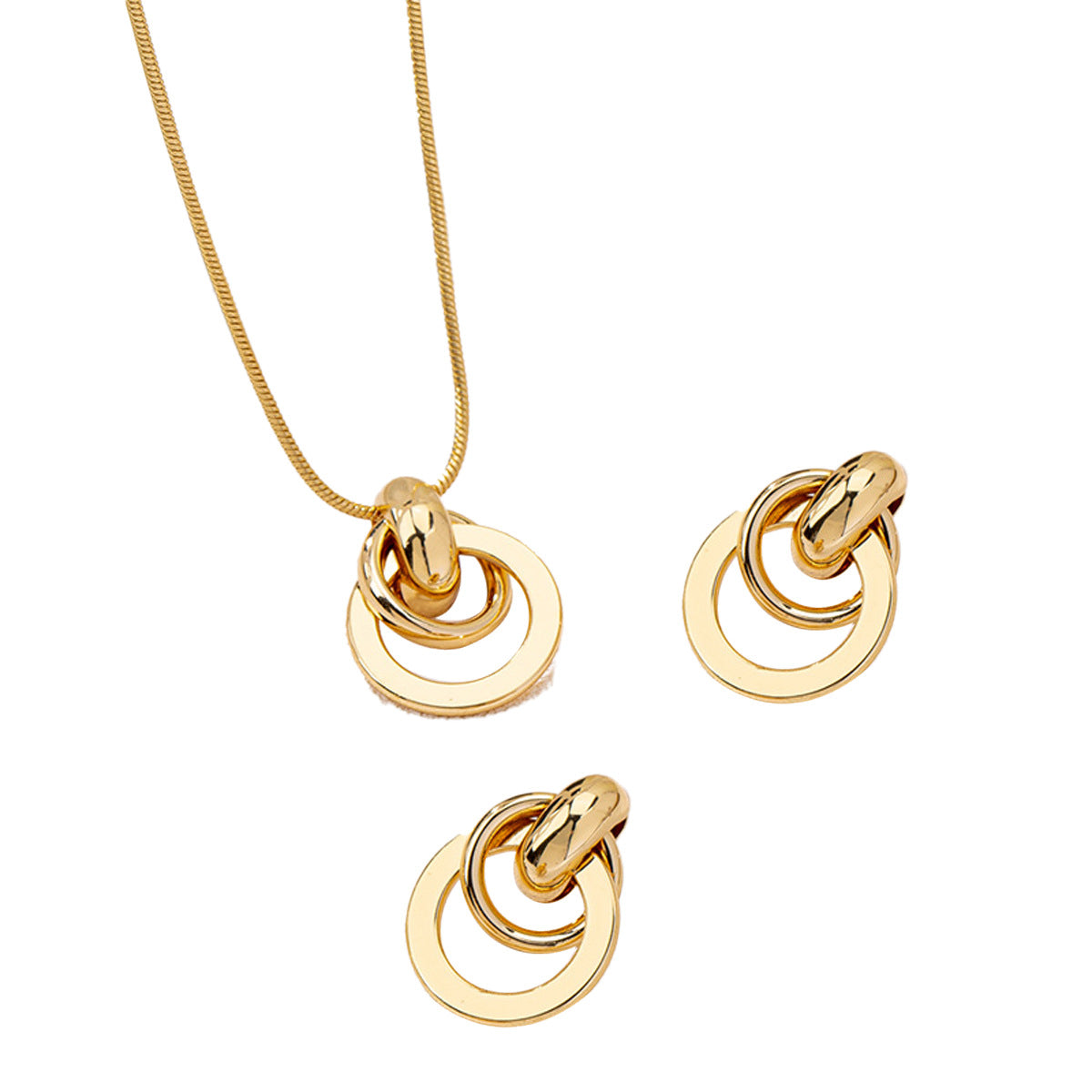 Gold Interlocking Circle Jewelry Set for Women, 14K Gold Plated Double Hoop Drop Earrings and Pendant Necklace, Hypoallergenic Minimalist Statement Jewelry