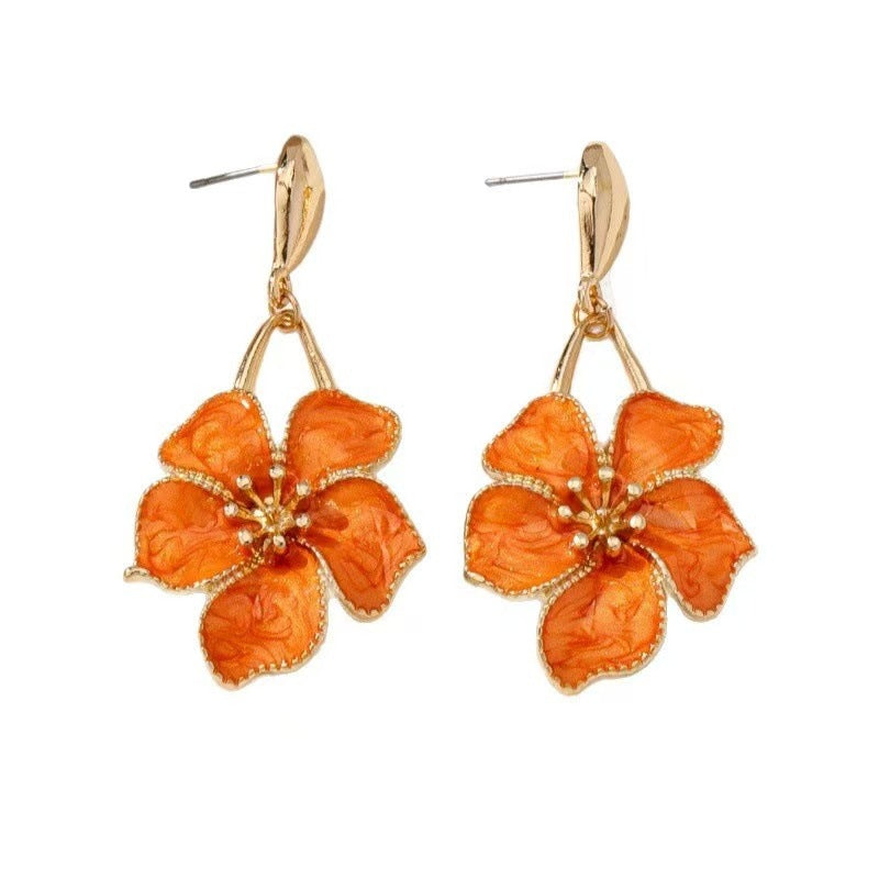 Blue Enamel Flower Drop Earrings for Women, 14K Gold Plated Floral Dangle Earrings, Vintage Style Statement Earrings for Wedding Party