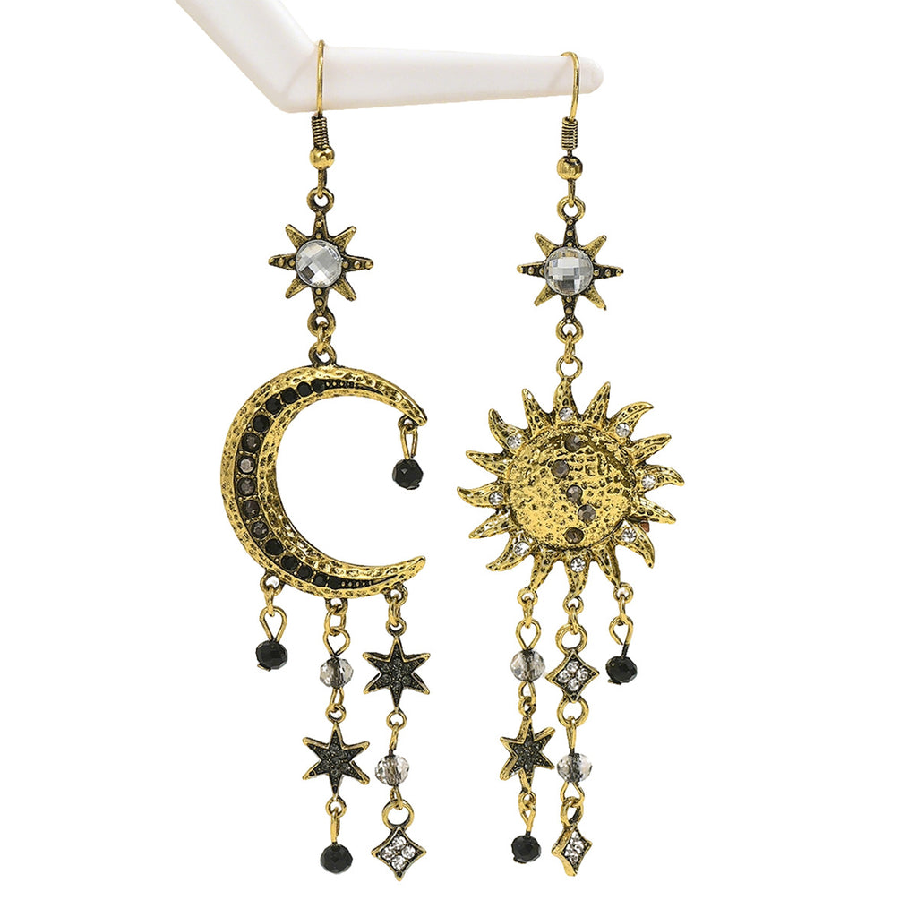 Vintage Sun Moon Drop Earrings, Asymmetric Gold Plated Celestial Tassel Earrings with Crystals, Bohemian Star Dangle Earrings for Women, Gothic Statement Jewelry for Party, Festival, Daily Wear