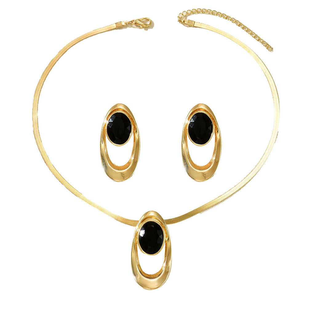 14K Gold Plated Black Onyx Jewelry Set, Herringbone Necklace & Oval Drop Earrings for Women, Minimalist Statement Jewelry for Party, Wedding, Daily Wear
