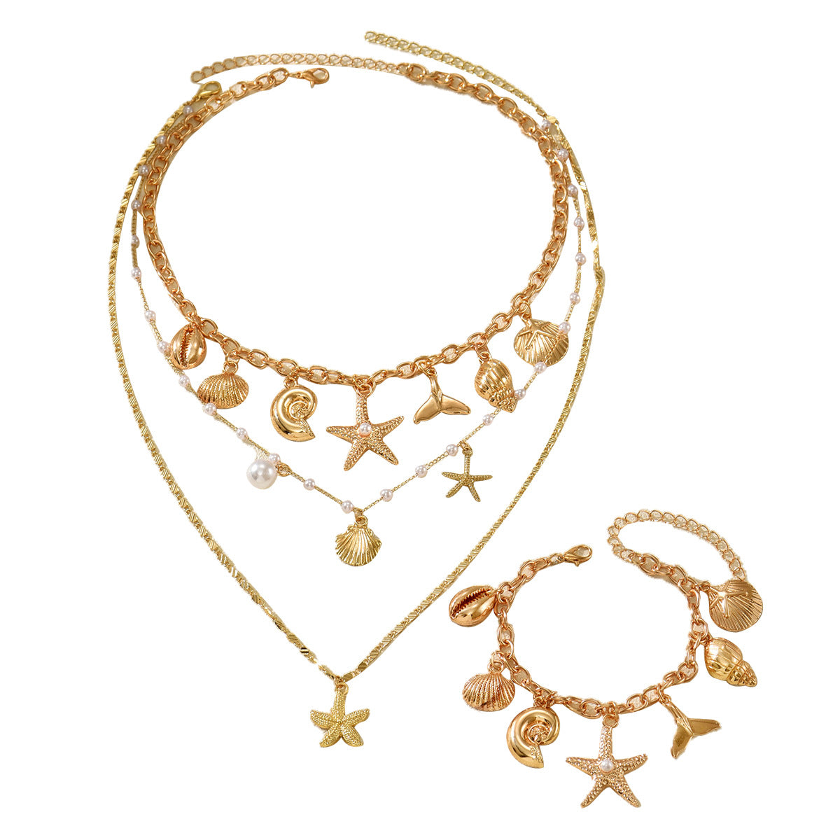 Gold Ocean Theme Layered Jewelry Set for Women, Multi-Layer Pearl Starfish Shell Charm Necklace and Bracelet, 14K Gold Plated Boho Beach Statement Jewelry