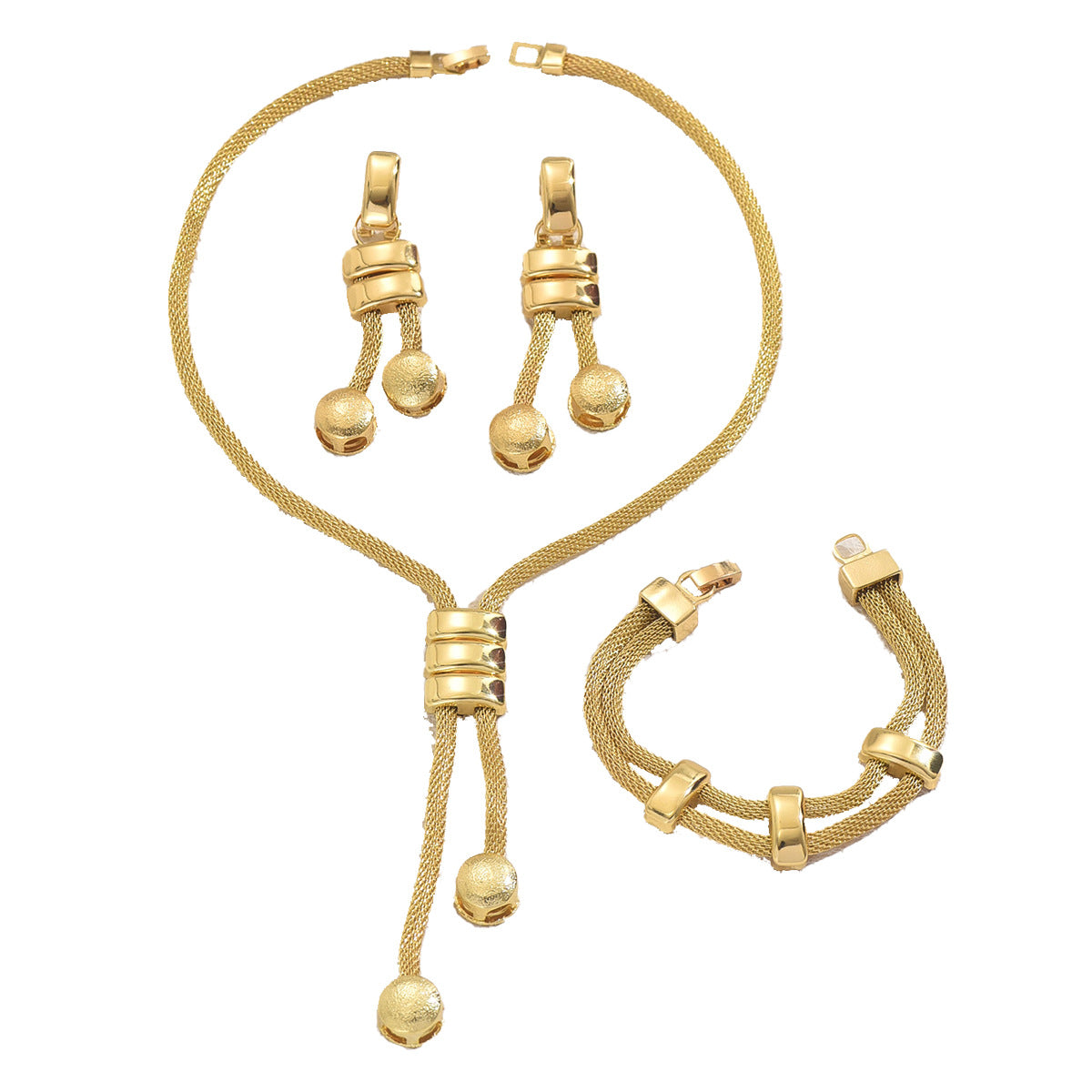 Gold Plated Mesh Chain Jewelry Set, Adjustable Bolo Tie Necklace, Drop Earrings & Bracelet for Women, Minimalist 14K Gold Filled Jewelry Set for Party, Wedding, Daily Wear