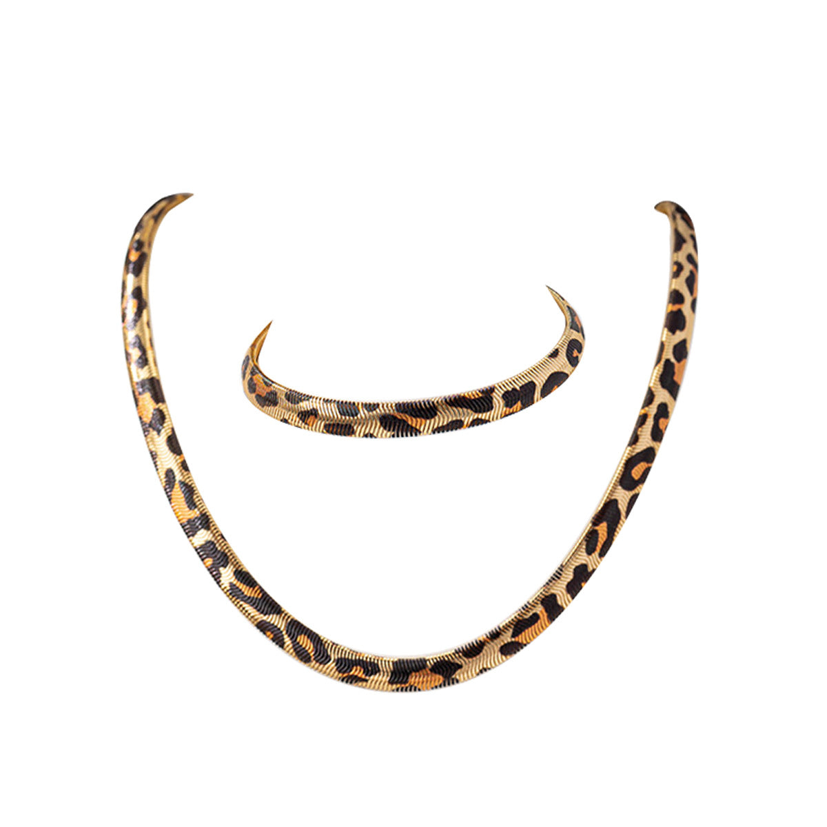 Gold Leopard Print Herringbone Jewelry Set for Women, 18K Gold Plated Waterproof Snake Chain Necklace and Bracelet, Hypoallergenic Flat Herringbone Choker Set, Trendy Animal Print Jewelry for Daily/Party/Wedding