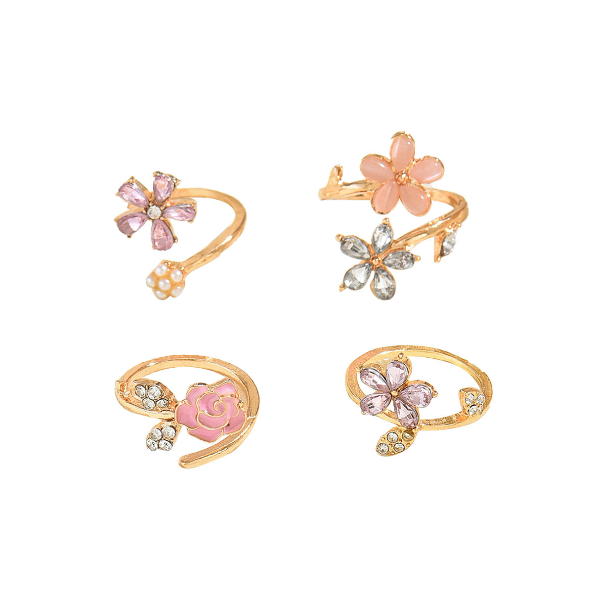 Gold Plated Flower Open Ring Set for Women, 4Pcs Stackable Pink Floral Rings with Crystal & Pearl, Hypoallergenic Adjustable Statement Rings for Daily/Party