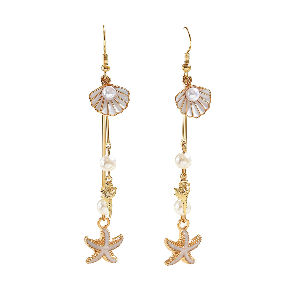 Gold Plated Ocean Themed Drop Earrings, Seashell Starfish Tassel Earrings with Pearls, Bohemian Beach Dangle Earrings for Women, Summer Statement Jewelry for Vacation, Party, Daily Wear