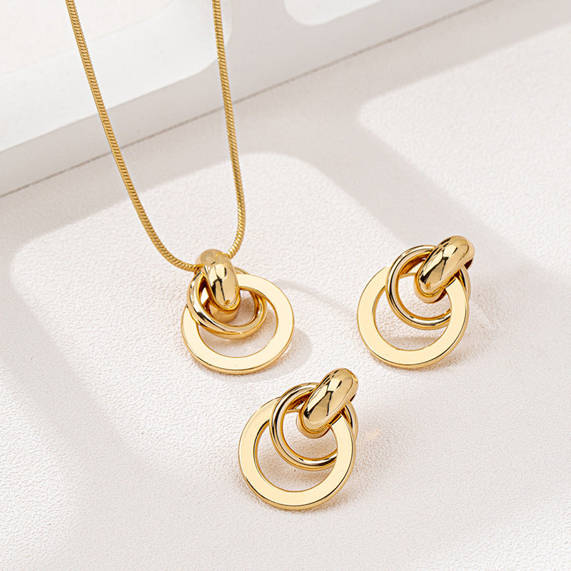 Gold Interlocking Circle Jewelry Set for Women, 14K Gold Plated Double Hoop Drop Earrings and Pendant Necklace, Hypoallergenic Minimalist Statement Jewelry