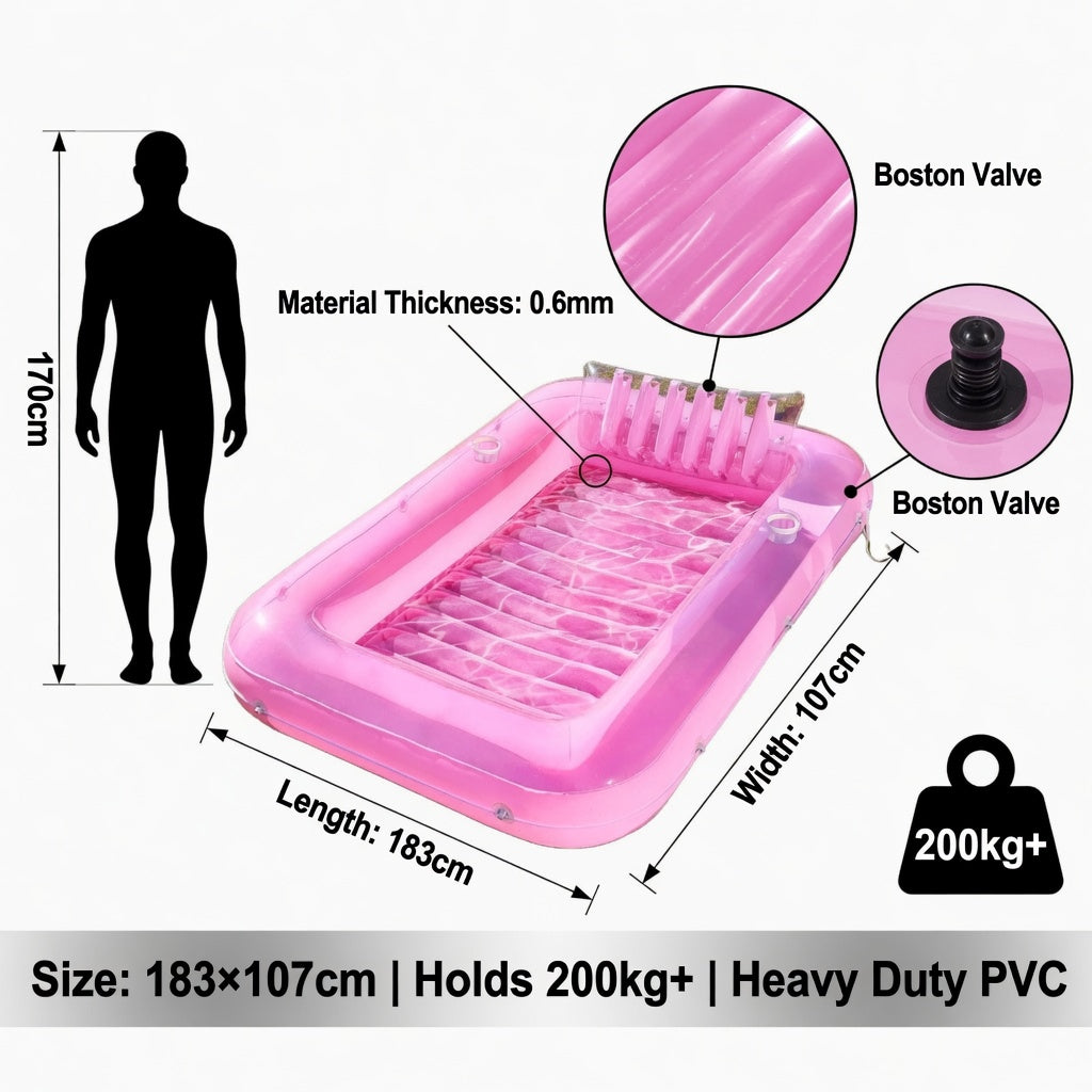 Large Pink Inflatable Pool Float Lounge Chair - 6ft Rectangular Floating Mat with Cup Holders & Headrest, Transparent Pink PVC Raft for Pool, Lake, Beach Party, Adults & Family