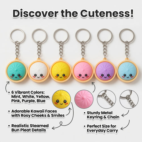 Cute Dumpling Keychain Set of 6 - Kawaii Silicone Food Keychains, Colorful Baozi Bag Charms, Funny Key Ring for Women Girls Backpack Purse Car Decor