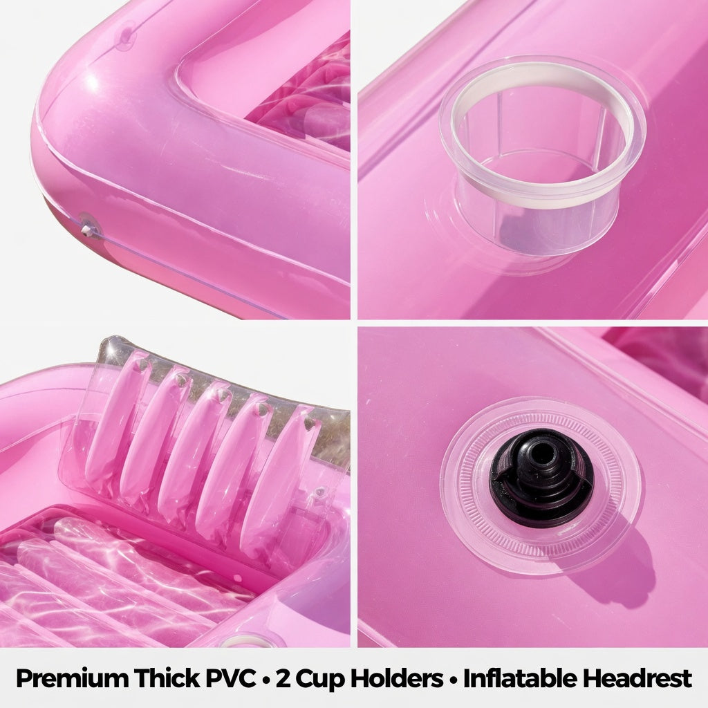 Large Pink Inflatable Pool Float Lounge Chair - 6ft Rectangular Floating Mat with Cup Holders & Headrest, Transparent Pink PVC Raft for Pool, Lake, Beach Party, Adults & Family