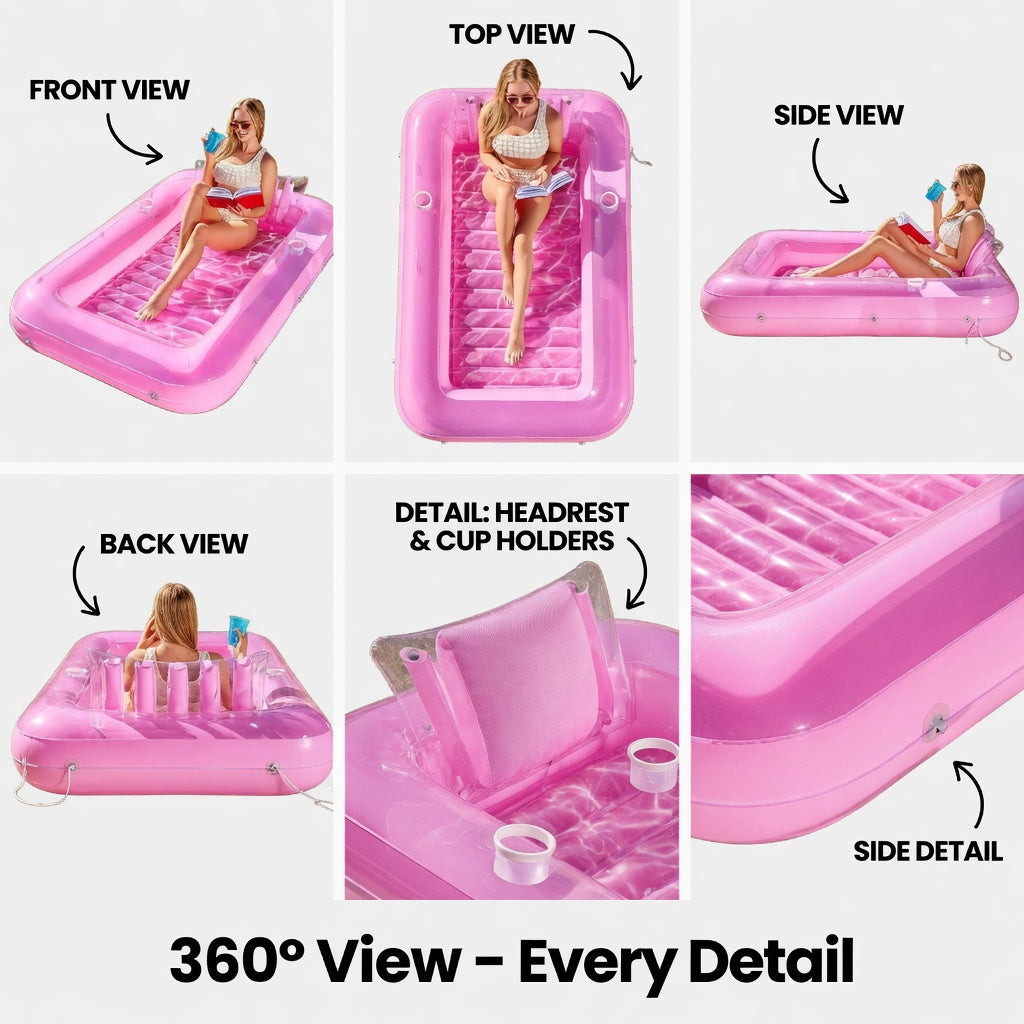Large Pink Inflatable Pool Float Lounge Chair - 6ft Rectangular Floating Mat with Cup Holders & Headrest, Transparent Pink PVC Raft for Pool, Lake, Beach Party, Adults & Family
