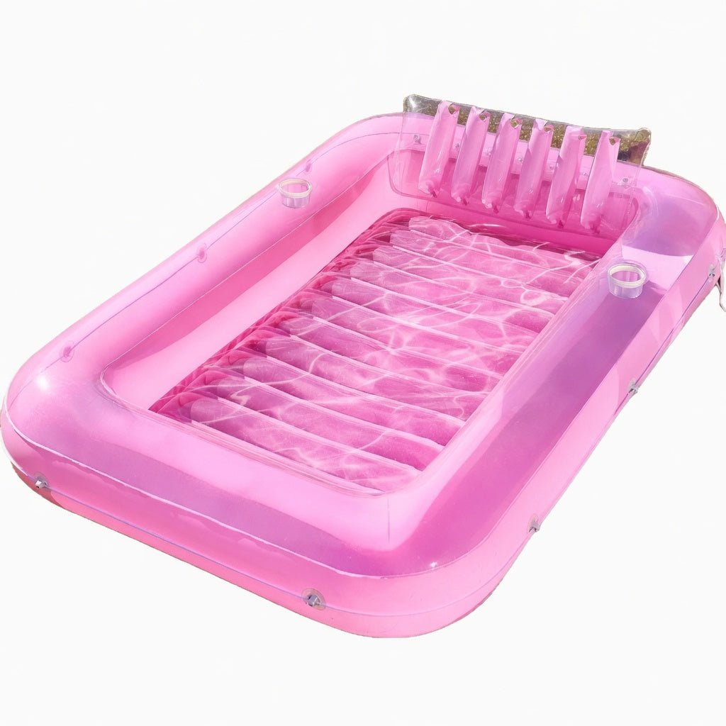 Large Pink Inflatable Pool Float Lounge Chair - 6ft Rectangular Floating Mat with Cup Holders & Headrest, Transparent Pink PVC Raft for Pool, Lake, Beach Party, Adults & Family